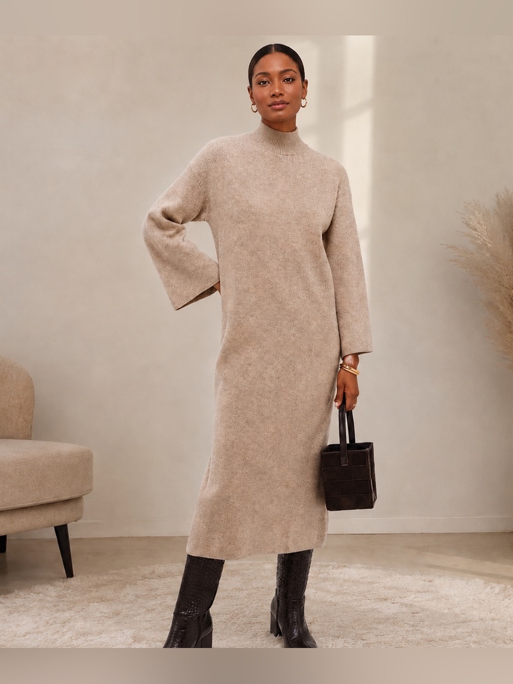 Pomander Place Vivianne Sweater Knit Midi Dress High Neck S Small Beige Casual